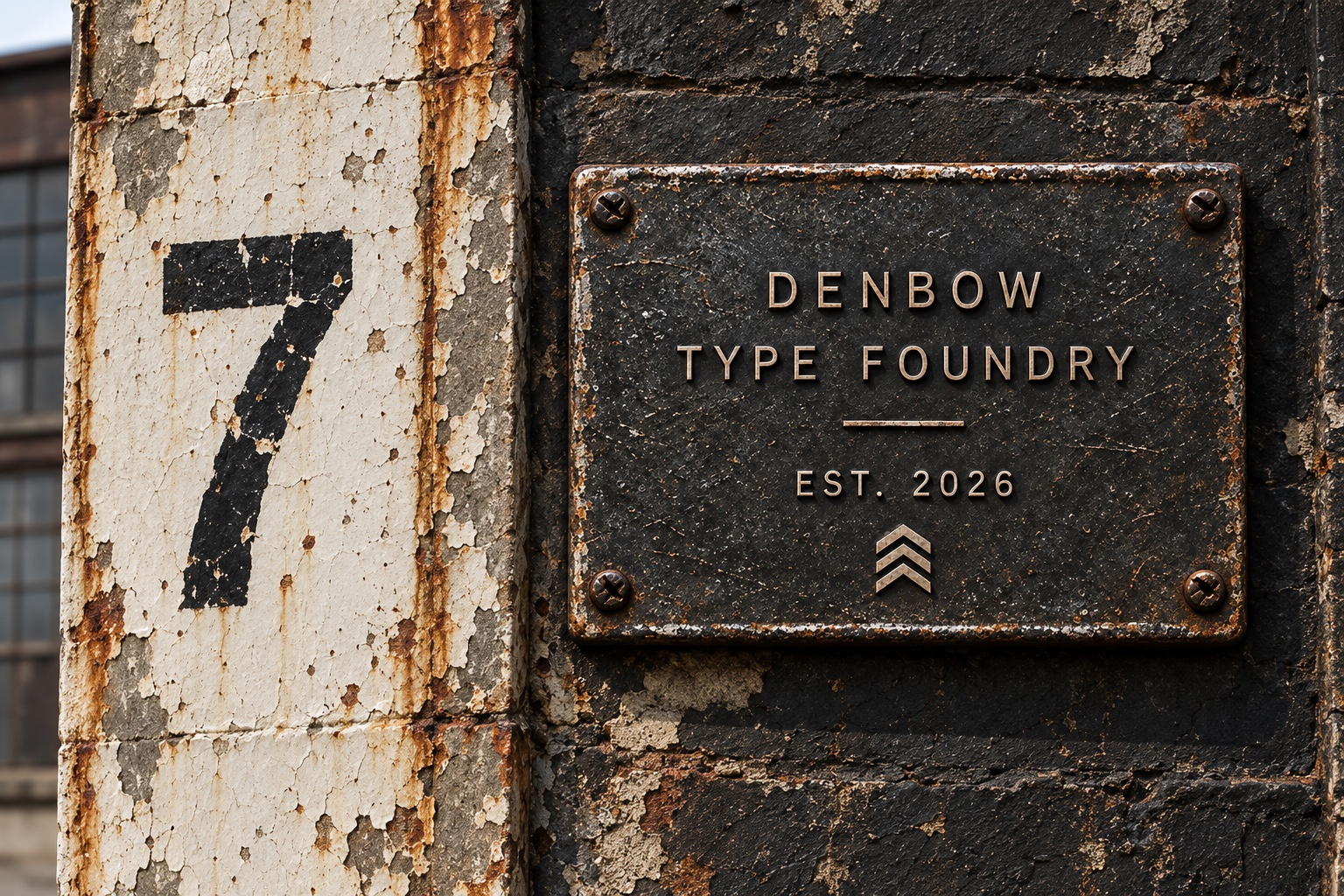 Denbow Type Foundry metal plaque with three stacked chevrons, mounted on a weathered building wall beside the number 7