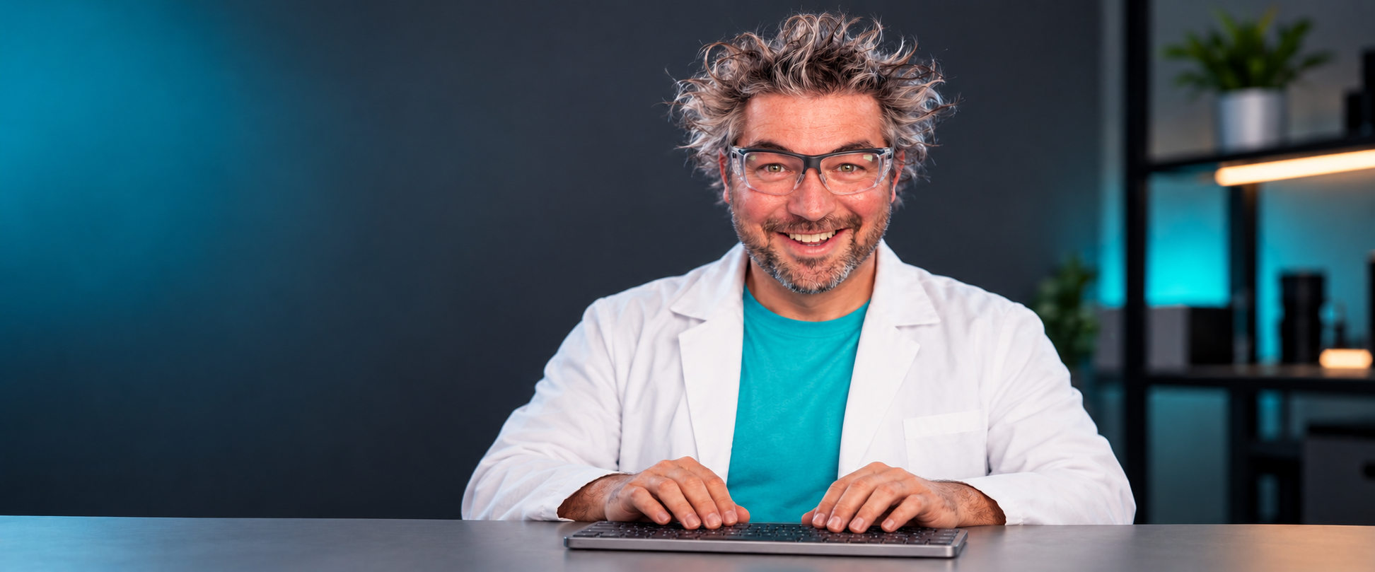 Chris Denbow as a mad scientist in a white lab coat and teal shirt, typing on a grey wireless keyboard.